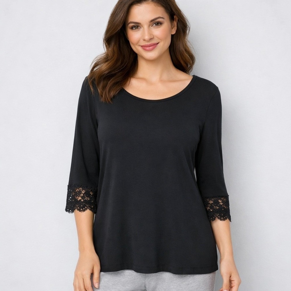 Hanro  3/4 Sleeve Top Womens S Black Lace Trim 100% Cotton Luxury Basic Casual